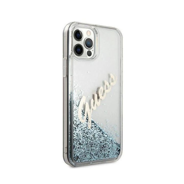 Guess GUHCP12LGLVSBL iPhone 12 Pro Max 6,7 mėlynos/mėlynos spalvos deklas Glitter Vintage Script
