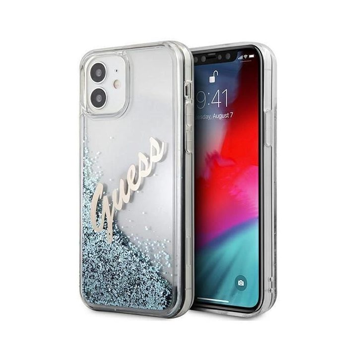 Guess GUHCP12SGLVSBL iPhone 12 mini 5,4 mėlynos/mėlynos spalvos deklas Glitter Vintage Script