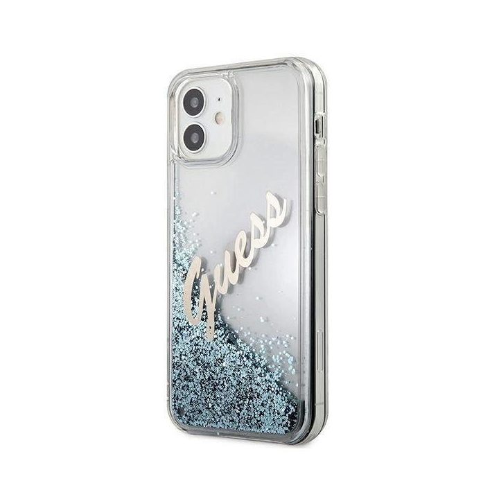Guess GUHCP12SGLVSBL iPhone 12 mini 5,4 mėlynos/mėlynos spalvos deklas Glitter Vintage Script