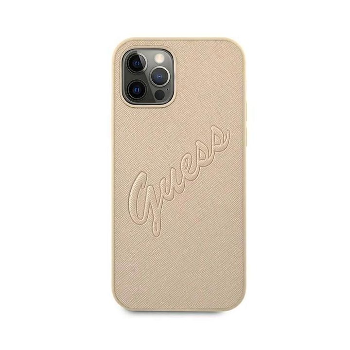 Guess GUHCP12LRSAVSLG iPhone 12 Pro Max 6.7 aukso/aukso spalvos deklas Saffiano Vintage Script