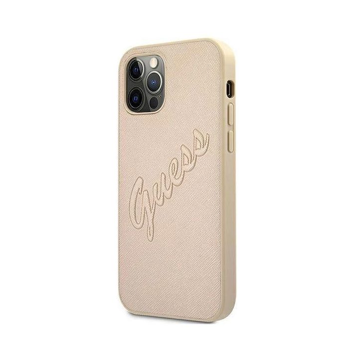 Guess GUHCP12LRSAVSLG iPhone 12 Pro Max 6.7 aukso/aukso spalvos deklas Saffiano Vintage Script