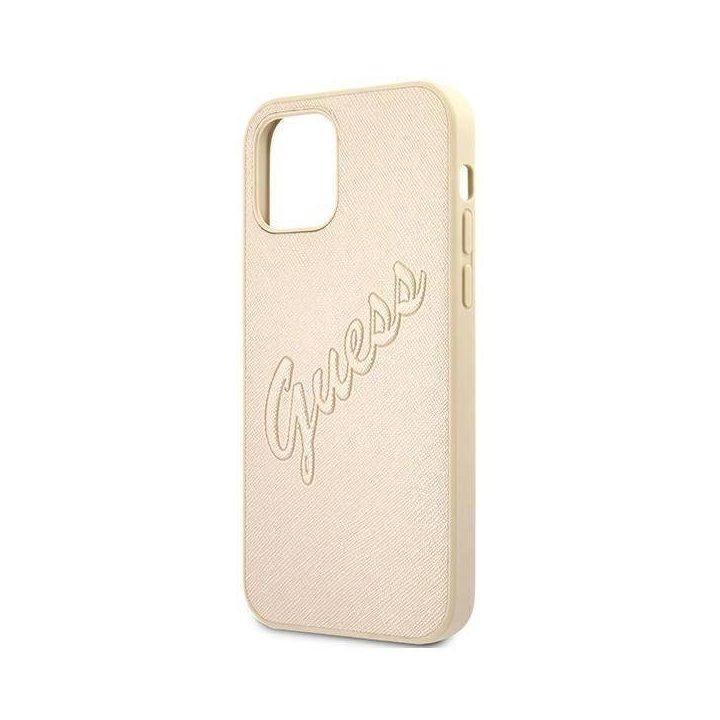 Guess GUHCP12LRSAVSLG iPhone 12 Pro Max 6.7 aukso/aukso spalvos deklas Saffiano Vintage Script