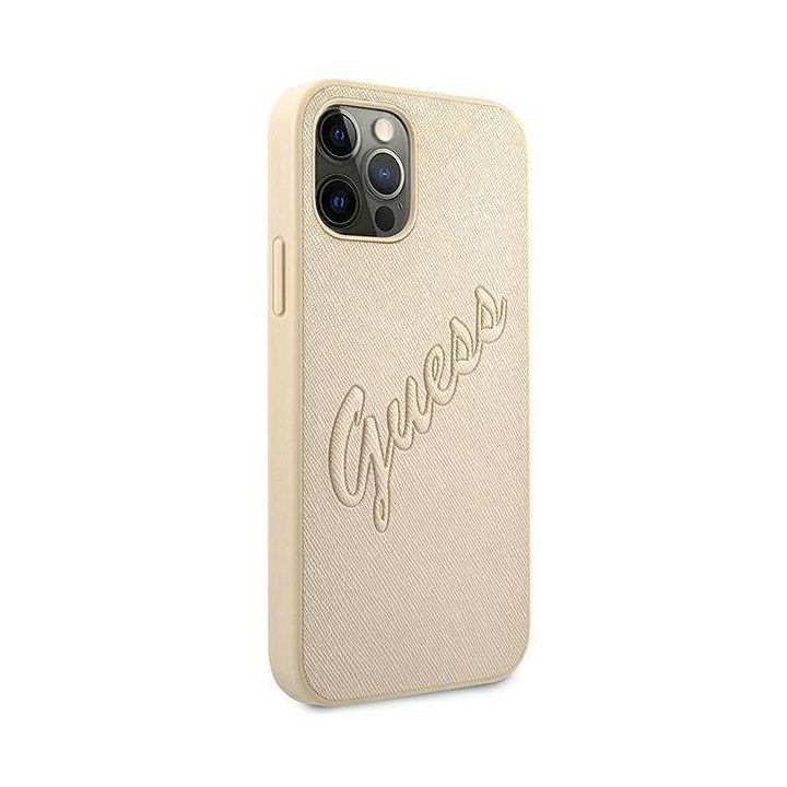 Guess GUHCP12LRSAVSLG iPhone 12 Pro Max 6.7 aukso/aukso spalvos deklas Saffiano Vintage Script