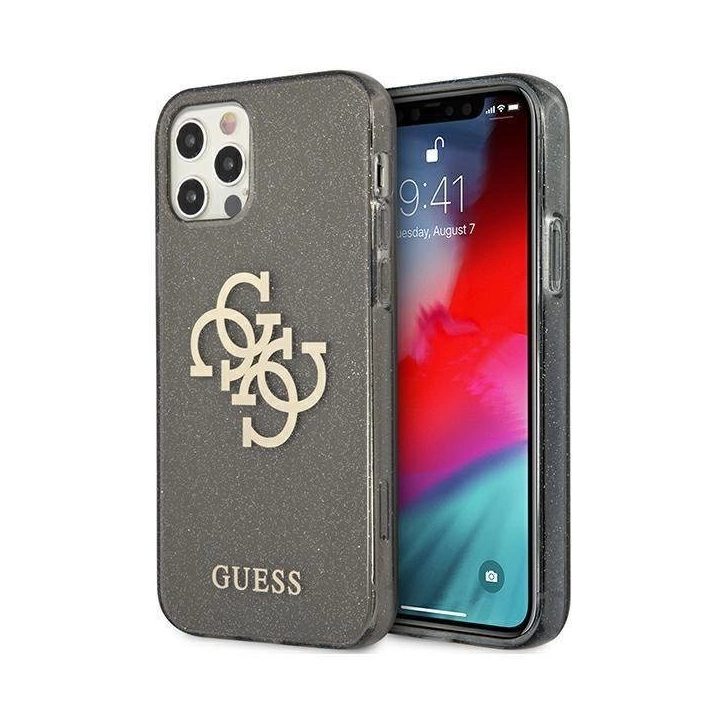 Guess GUHCP12LPCUGL4GBK iPhone 12 Pro Max 6.7 juodos/juodos spalvos deklas Glitter 4G Big Logo