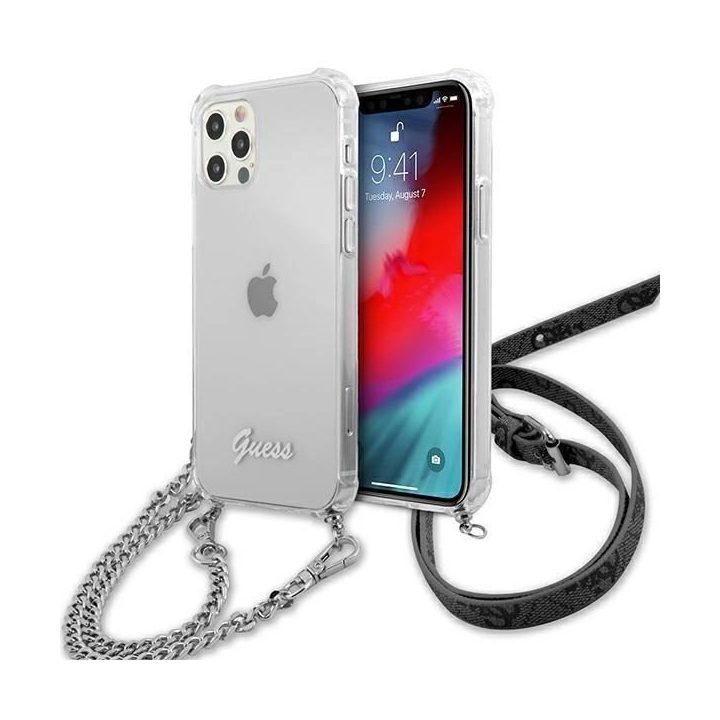 Guess GUHCP12LKC4GSSI iPhone 12 Pro Max 6.7 Skaidrus deklas 4G Sidabrinė grandinėlė
