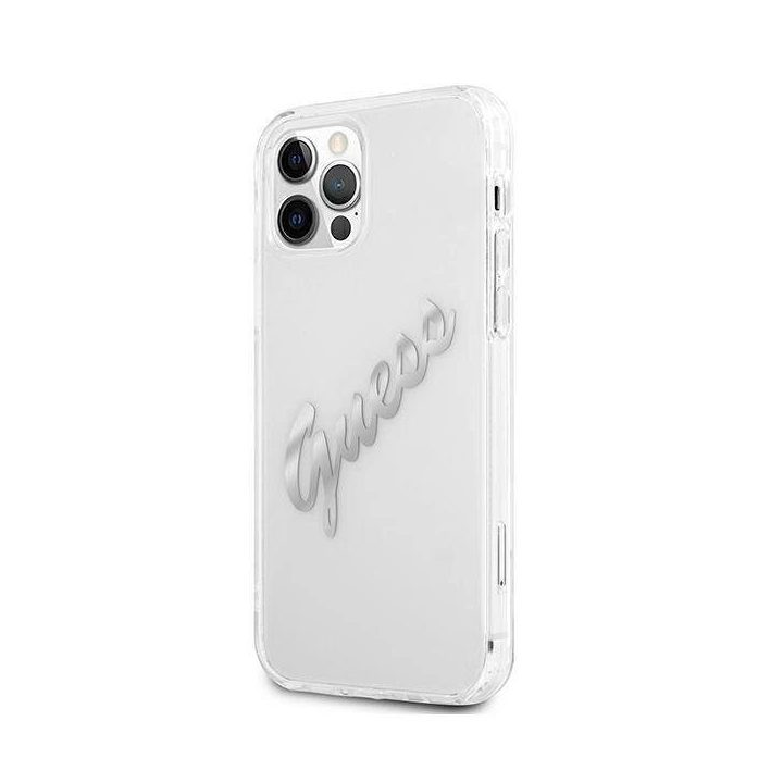 Guess GUHCP12LKTRSVSI iPhone 12 Pro Max 6.7 permatomas deklas Vintage Script Silver