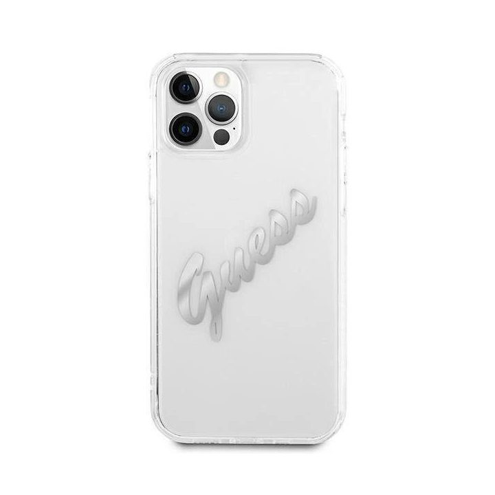 Guess GUHCP12LKTRSVSI iPhone 12 Pro Max 6.7 permatomas deklas Vintage Script Silver