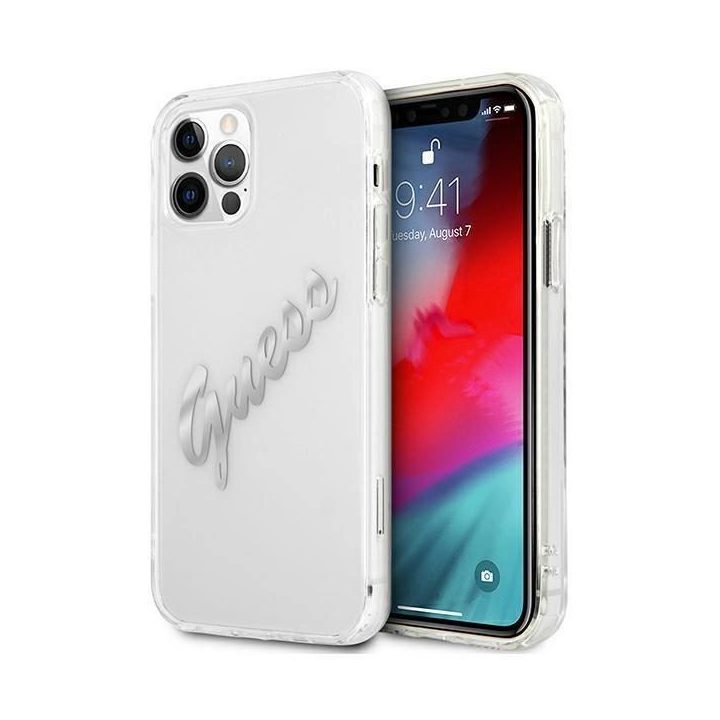Guess GUHCP12LKTRSVSI iPhone 12 Pro Max 6.7 permatomas deklas Vintage Script Silver