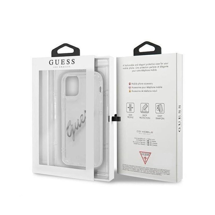 Guess GUHCP12LKTRSVSI iPhone 12 Pro Max 6.7 permatomas deklas Vintage Script Silver