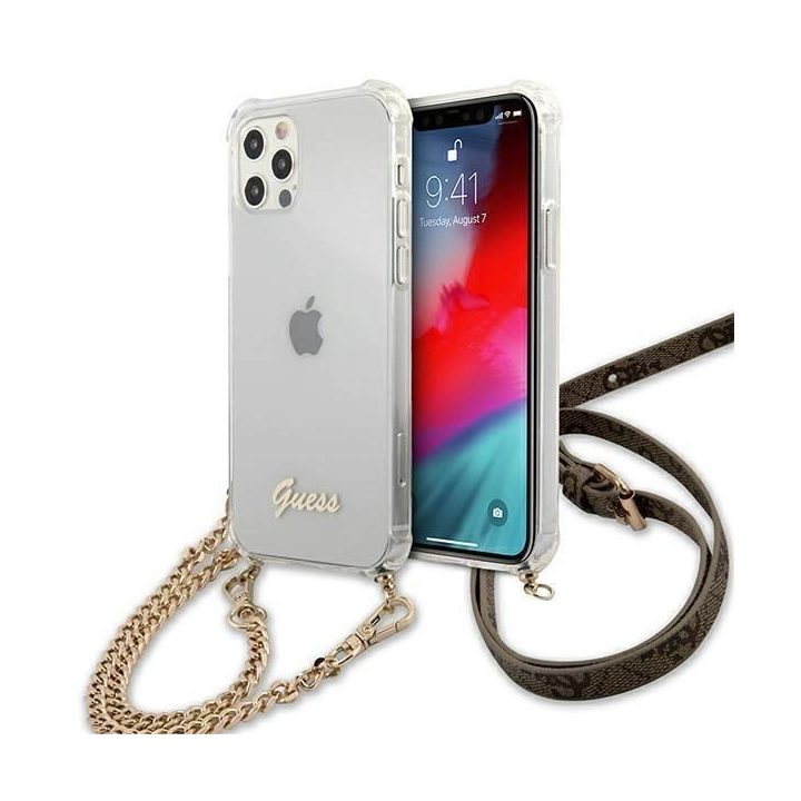 Guess GUHCP12MKC4GSGO iPhone 12/12 Pro 6.1 Skaidrus deklas 4G Auksinė grandinėlė