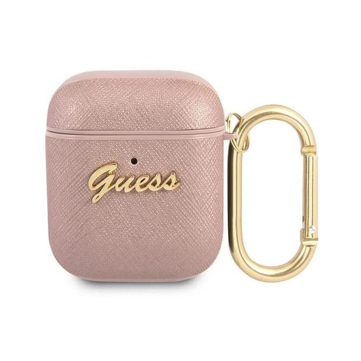 Guess GUA2SASMP AirPods dangtelis rožinis/rožinis Saffiano Script Metal Collection