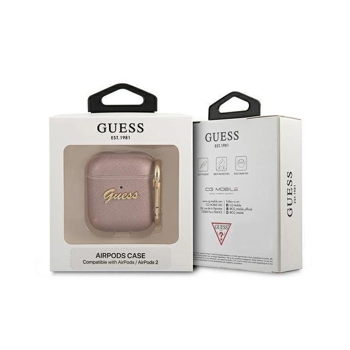 Guess GUA2SASMP AirPods dangtelis rožinis/rožinis Saffiano Script Metal Collection