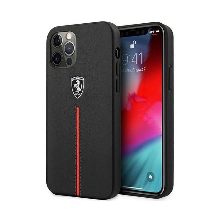 Ferrari FEOMSHCP12LBK iPhone 12 Pro Max juodos/juodos spalvos deklas Off Track Leather Nylon Stripe