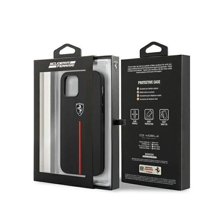 Ferrari FEOMSHCP12LBK iPhone 12 Pro Max juodos/juodos spalvos deklas Off Track Leather Nylon Stripe