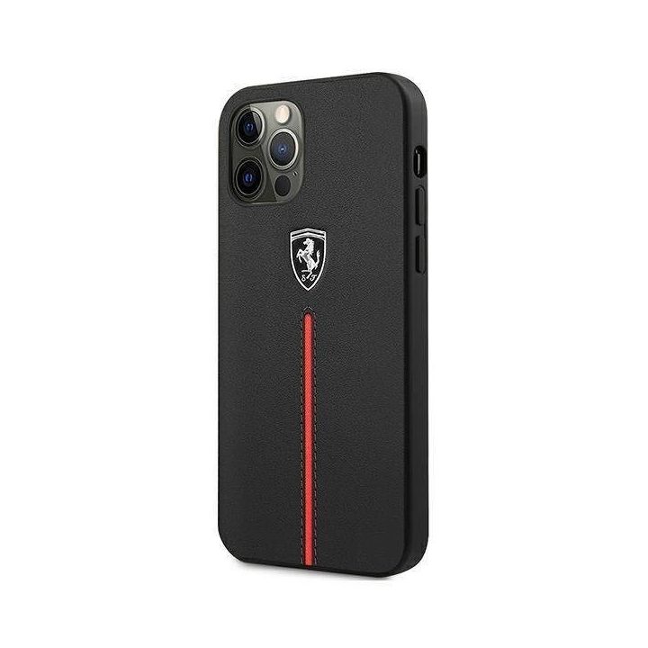 Ferrari FEOMSHCP12LBK iPhone 12 Pro Max juodos/juodos spalvos deklas Off Track Leather Nylon Stripe