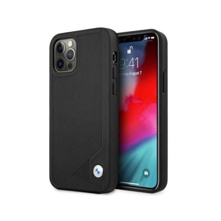 Dėklas BMW BMHCP12MRCDPK iPhone 12/12 Pro 6,1 juodos/juodos spalvos deklas odinis su įspaudais