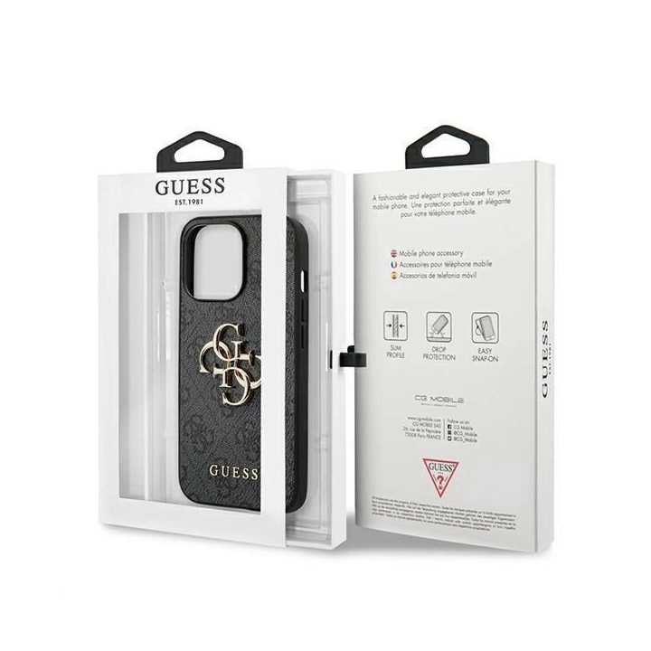 Guess GUHCP13L4GMGGR iPhone 13 Pro / 13 6.1 pilkos/pilkos spalvos deklas 4G su dideliu metaliniu logotipu