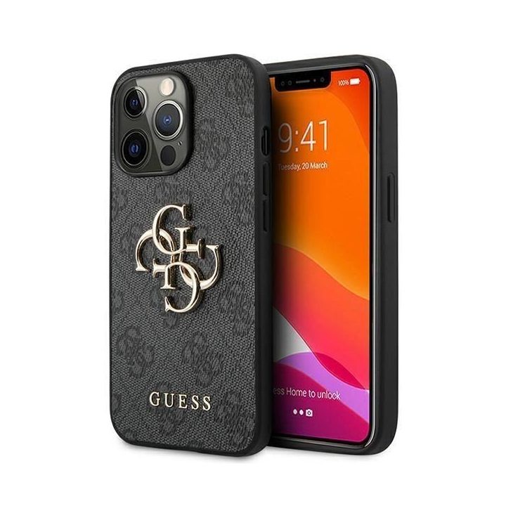 Guess GUHCP13L4GMGGR iPhone 13 Pro / 13 6.1 pilkos/pilkos spalvos deklas 4G su dideliu metaliniu logotipu
