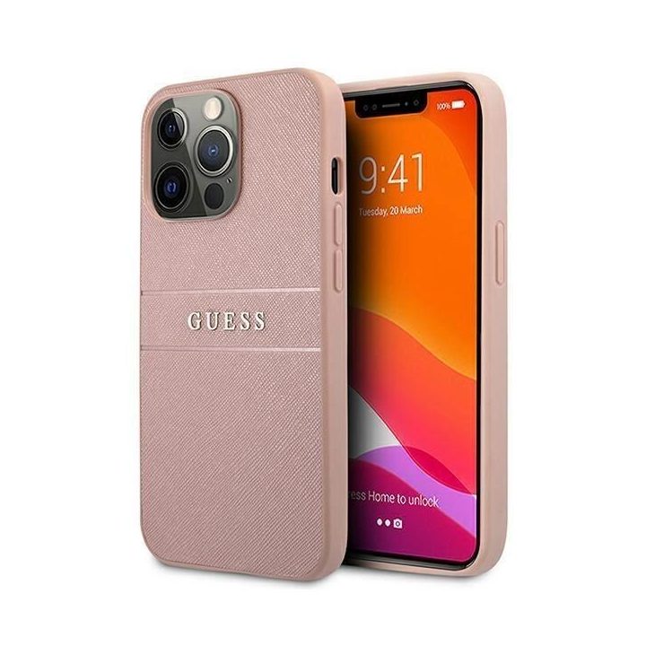 Guess GUHCP13XPSASBPI iPhone 13 Pro Max 6.7 rožinės/rožinės spalvos deklas Saffiano Stripe