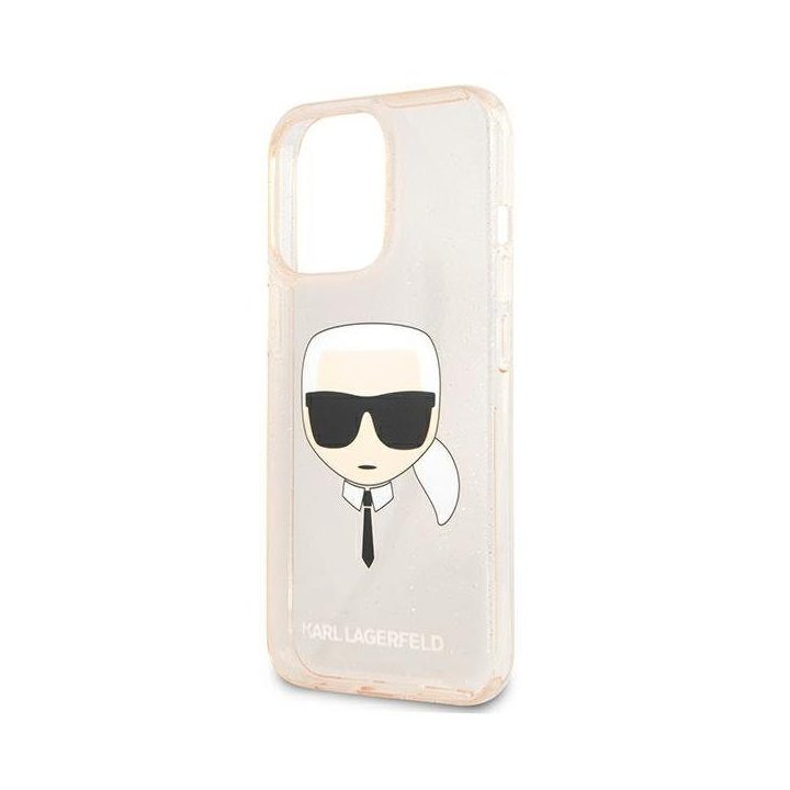 Karl Lagerfeld KLHCP13LKHTUGLGO iPhone 13 Pro / 13 6.1 aukso spalvos deklas Glitter Karl`s Head