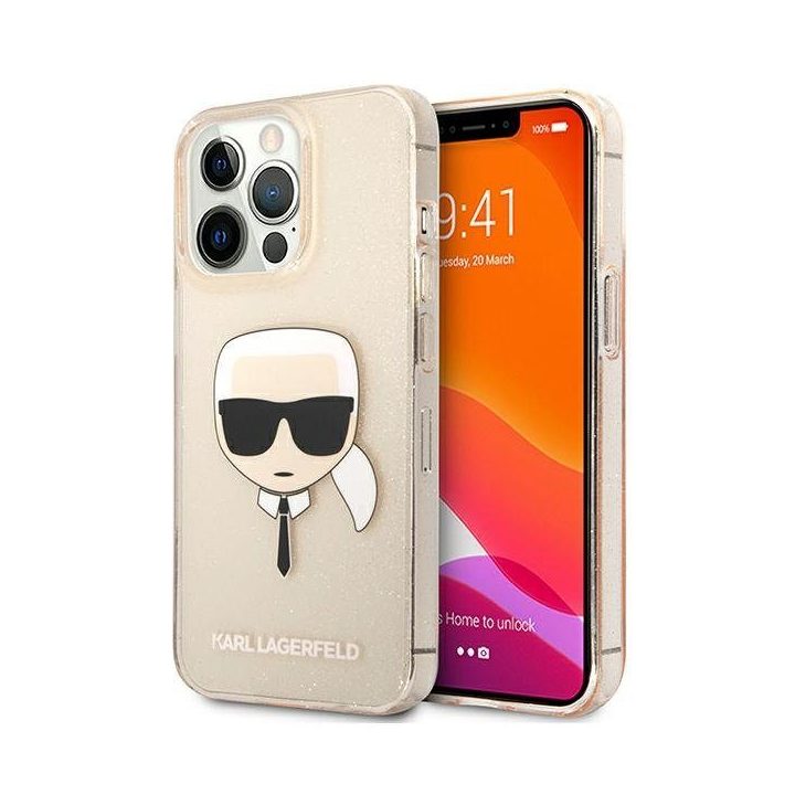 Karl Lagerfeld KLHCP13LKHTUGLGO iPhone 13 Pro / 13 6.1 aukso spalvos deklas Glitter Karl`s Head