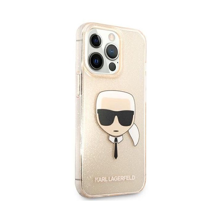 Karl Lagerfeld KLHCP13LKHTUGLGO iPhone 13 Pro / 13 6.1 aukso spalvos deklas Glitter Karl`s Head