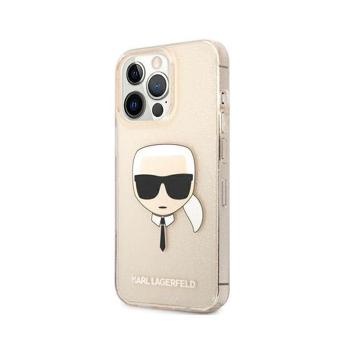 Karl Lagerfeld KLHCP13LKHTUGLGO iPhone 13 Pro / 13 6.1 aukso spalvos deklas Glitter Karl`s Head