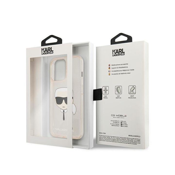 Karl Lagerfeld KLHCP13LKHTUGLGO iPhone 13 Pro / 13 6.1 aukso spalvos deklas Glitter Karl`s Head