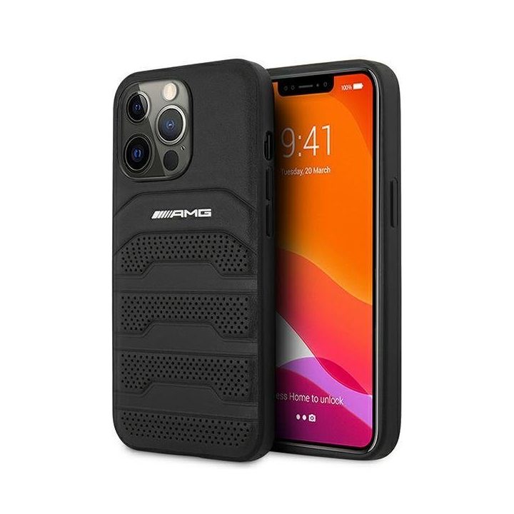 AMG AMHCP13LGSEBK iPhone 13 Pro / 13 6,1 juodas/juodas deklas odinis su įspaustomis linijomis