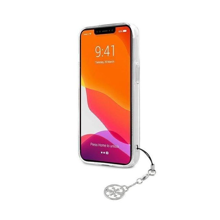 Guess GUHCP13SKB4GGR iPhone 13 mini 5.4 permatomas deklas 4G pilkas dirželis su pakabuku