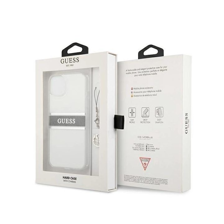 Guess GUHCP13SKB4GGR iPhone 13 mini 5.4 permatomas deklas 4G pilkas dirželis su pakabuku