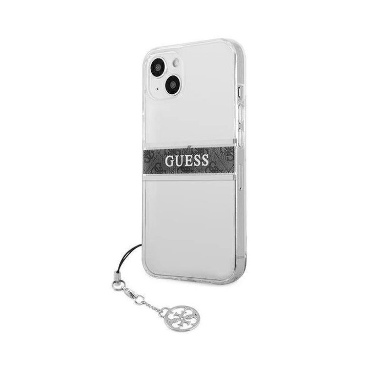 Guess GUHCP13SKB4GGR iPhone 13 mini 5.4 permatomas deklas 4G pilkas dirželis su pakabuku