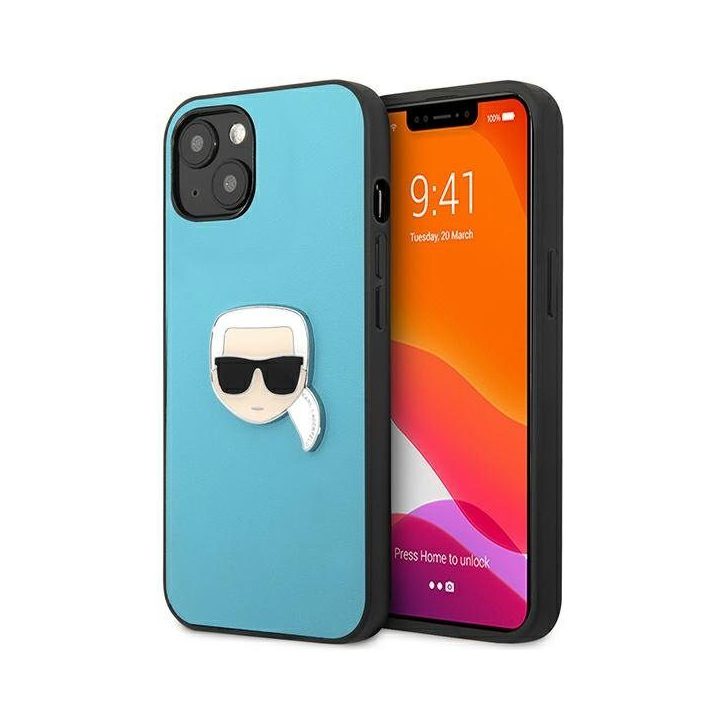 Karl Lagerfeld KLHCP13SPKMB iPhone 13 mini 5,4 mėlynas deklas Odinis Ikonik Karl`s Head Metal