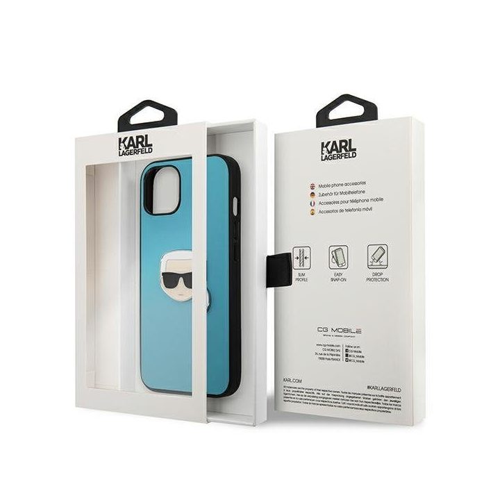 Karl Lagerfeld KLHCP13SPKMB iPhone 13 mini 5,4 mėlynas deklas Odinis Ikonik Karl`s Head Metal
