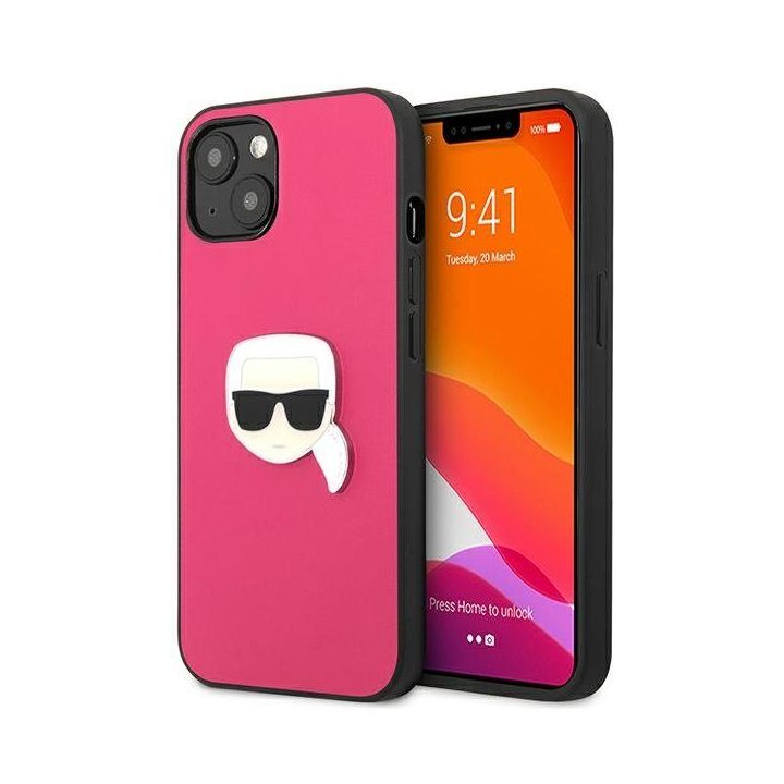 Karl Lagerfeld KLHCP13SPKMP iPhone 13 mini 5,4 rožinis deklas Odinis Ikonik Karl`s Head Metal