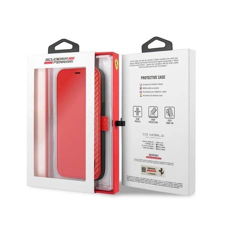 Ferrari FESAXFLBKP13SRE iPhone 13 mini 5.4 raudona/raudona knyga On Track Carbon Stripe