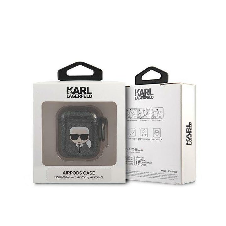 Karl Lagerfeld KLA2UKHGK AirPods dangtelis Juodos spalvos/juodas Glitter Karl`s Head