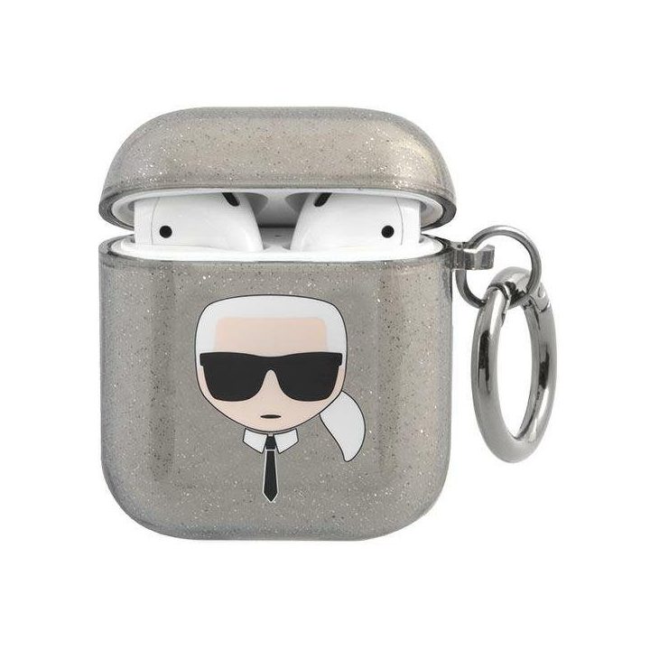 Karl Lagerfeld KLA2UKHGK AirPods dangtelis Juodos spalvos/juodas Glitter Karl`s Head