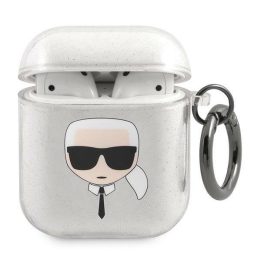 Karl Lagerfeld KLA2UKHGS AirPods dangtelis sidabrinės spalvos Glitter Karl`s Head