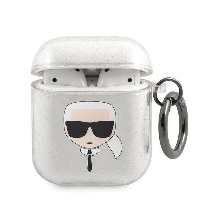 Karl Lagerfeld KLA2UKHGS AirPods dangtelis sidabrinės spalvos Glitter Karl`s Head