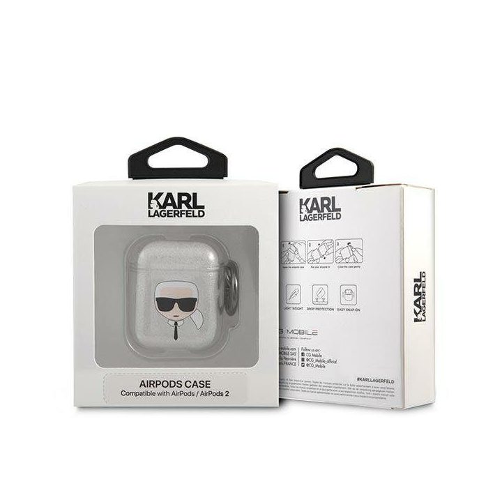 Karl Lagerfeld KLA2UKHGS AirPods dangtelis sidabrinės spalvos Glitter Karl`s Head
