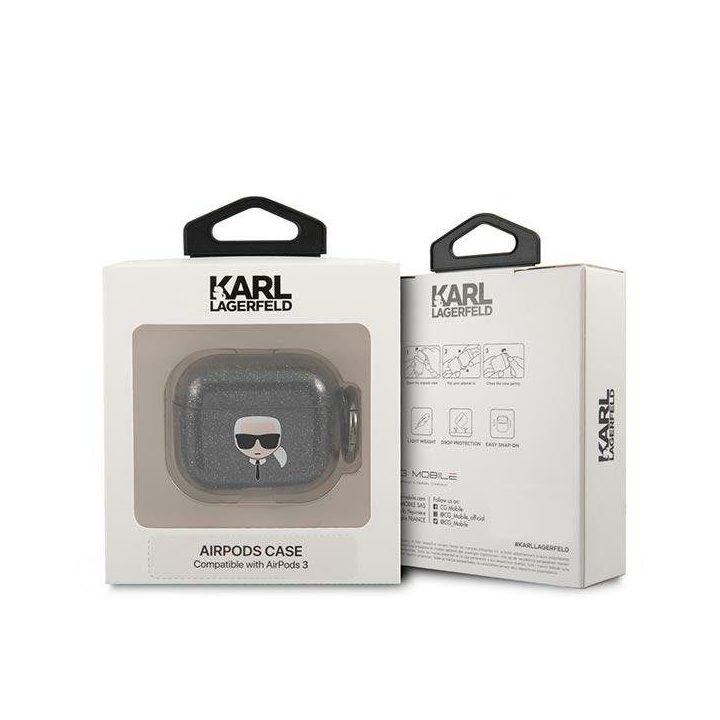 Karl Lagerfeld KLA3UKHGK AirPods 3 dangtelis Juodos spalvos/juodas Glitter Karl`s Head