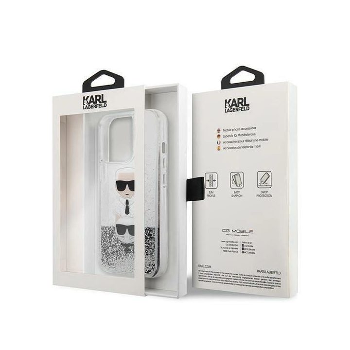 Karl Lagerfeld KLHCP13LKICGLS iPhone 13 Pro / 13 6.1 sidabrinis deklas Liquid Glitter Karl&Choupette Head
