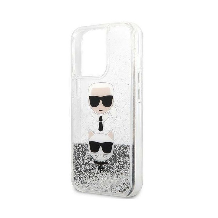 Karl Lagerfeld KLHCP13LKICGLS iPhone 13 Pro / 13 6.1 sidabrinis deklas Liquid Glitter Karl&Choupette Head