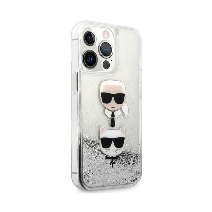 Karl Lagerfeld KLHCP13LKICGLS iPhone 13 Pro / 13 6.1 sidabrinis deklas Liquid Glitter Karl&Choupette Head