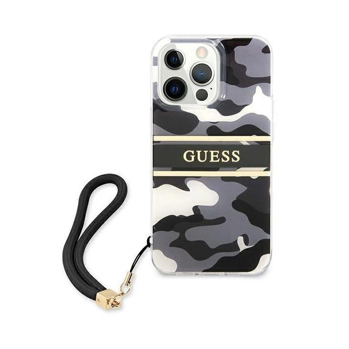 Guess GUHCP13LKCABBK iPhone 13 Pro / 13 6,1 juodas/juodas deklas Camo Strap Collection