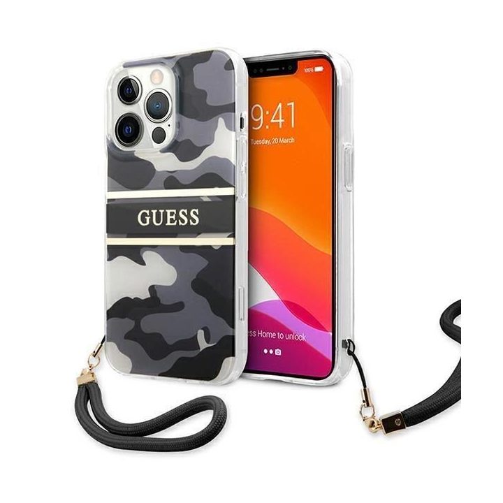 Guess GUHCP13LKCABBK iPhone 13 Pro / 13 6,1 juodas/juodas deklas Camo Strap Collection