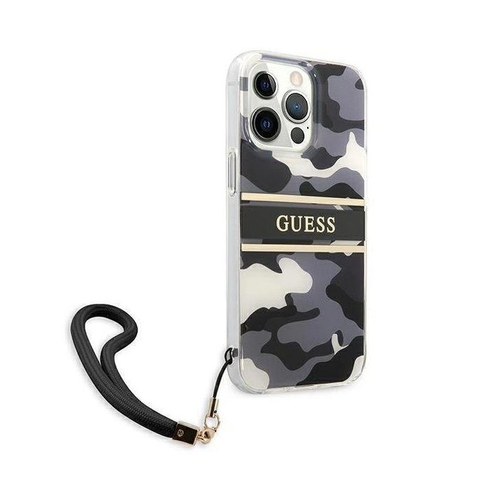 Guess GUHCP13LKCABBK iPhone 13 Pro / 13 6,1 juodas/juodas deklas Camo Strap Collection