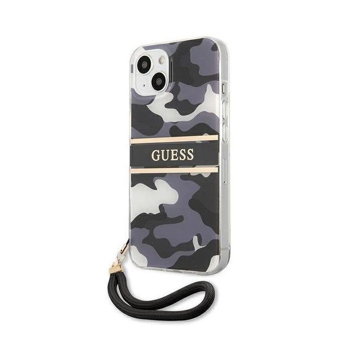 Guess GUHCP13MKCABBK iPhone 13 6.1 juodos/juodos spalvos deklas Camo Strap Collection