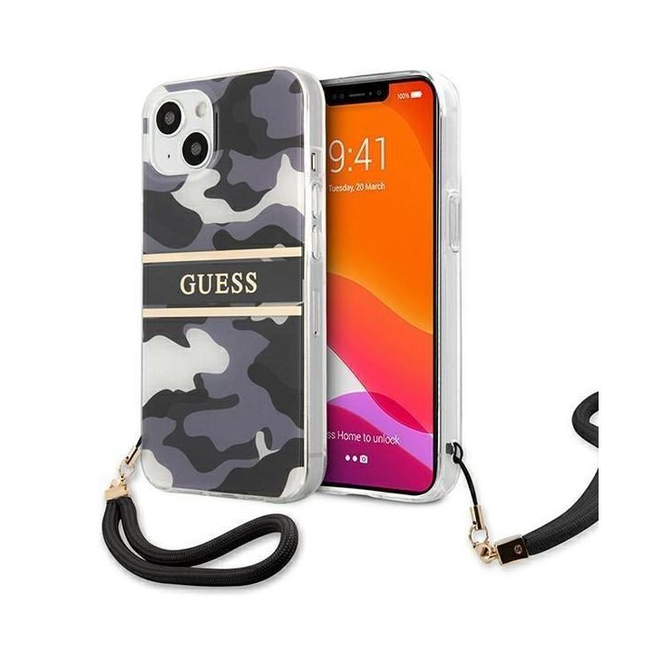 Guess GUHCP13MKCABBK iPhone 13 6.1 juodos/juodos spalvos deklas Camo Strap Collection